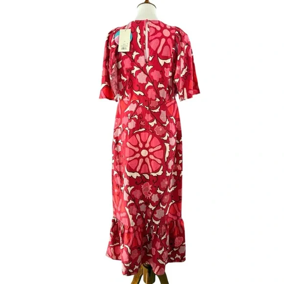 Rhode Zinnia Floral Red Bell Sleeve Midi Ruffle Dress NWT - Picture 4 of 16